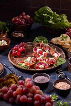Vibrant mediterranean salad with fresh figs, grapes, crumbled feta and watermelon radish on greens, rustic ceramic plate with olive oil and seasonings, studio close upの写真素材