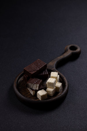 Wafers with dark chocolate coating and small white sugar wafers stacking on a dark wooden serving board against a textured black background, emphasizing sweet snack indulgenceの写真素材