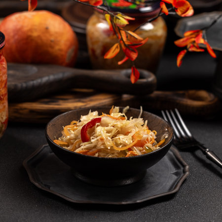 Sauerkraut salad featuring shredded cabbage, carrots, and sweet red pepper, serving a healthy,...
