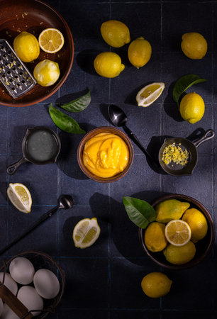 Lemons, zest, and a bowl of creamy lemon curd are arranged on a dark kitchen surface, ready for preparing desserts and baking with natural citrus flavorsの写真素材