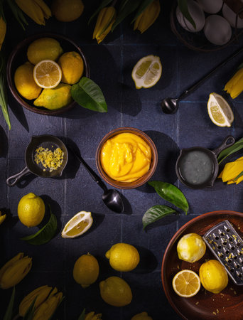Fresh lemons, zest, egg whites, and creamy lemon curd on a dark background, showcasing ingredients for a delicious dessert, surrounded by vibrant yellow tulipsの写真素材