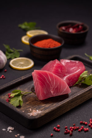 Fresh pink tuna steaks presenting on a wooden board, accompanied by red peppercorns, garlic, lemon slices, parsley, and spices, emphasizing healthy cooking and gourmet cuisineの写真素材