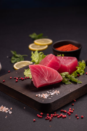 Fresh pink tuna steaks presenting on a dark wooden board with green lettuce, red peppercorns, pink salt, and sliced lemons, focusing on healthy gourmet seafood preparationの写真素材