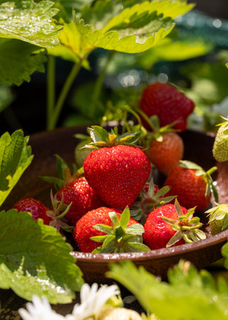 Red ripe garden strawberries piled in a rustic brown ceramic bowl with green leaves, glistening in warm morning sunlightfresh, juicy, and ready to eat on a summer dayの写真素材