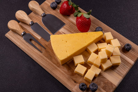 Cheese cubes and a wedge of cheddar are arranged on a wooden board, accompanied by a set of cheese...