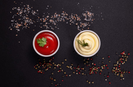 Ketchup and creamy mayonnaise with fresh herbs in white ceramic bowls, served alongside colorful peppercorns and pink salt crystals on a black stone surfaceの写真素材