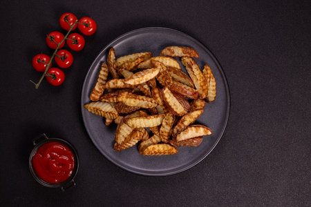 Potato wedges serving on a dark plate, alongside a small bowl of ketchup and fresh cherry tomatoes,...
