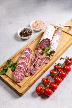 White mold salami whole and sliced on a wooden serving board with cherry tomatoes, parsley, colorful...