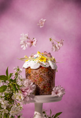 Decorated kulich with white frosting, colorful sprinkles, and yellow ribbons, presented on a stand...