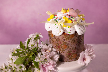 Traditional easter kulich with white icing, colorful sprinkles, and decorative chicks, bunnies, and...
