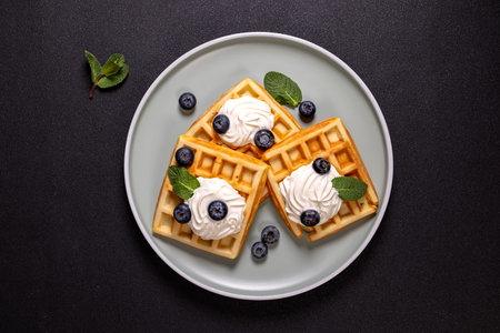 Freshly baked golden waffles topped with fluffy whipped cream, juicy blueberries, and a fresh mint...
