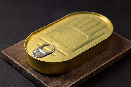 Rectangular tin can with pull tab opening containing preserved seafood or snack, resting on a dark...