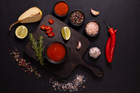 Assortment of fresh cut ingredients, a full bowl of red sauce, and various spices arranged on a dark...