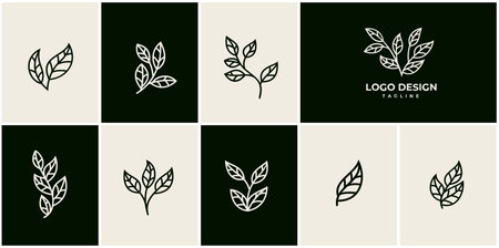 Line art leaf logo design set. Line leaf logo. Retro nature logo.のイラスト素材
