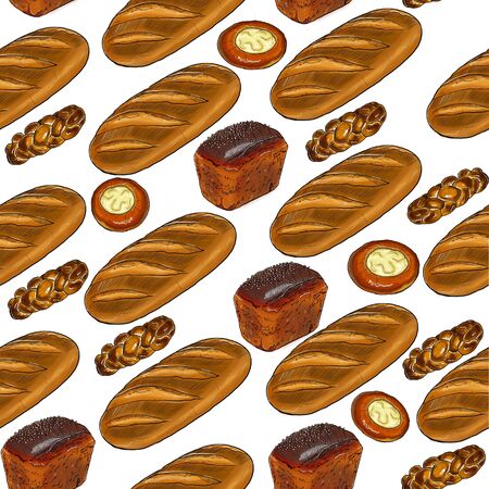 Seamless pattern with cartoon food: long loaf, brown bread, bun.の写真素材