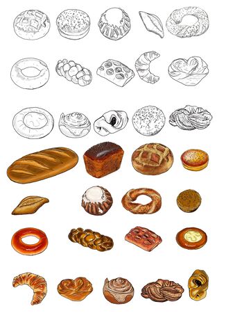 Hand drawn bread illustration set in graphic style. Other types of fresh bread. Illustration hand drawn vintage engraving for poster, label and menu bakery shop.の写真素材