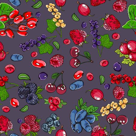 seamless pattern with different berries on a gray backgroundの写真素材