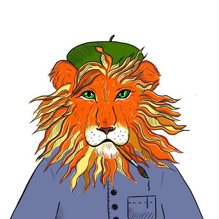 illustration of a lion in the clothes of the artist with a brush in his teethの写真素材
