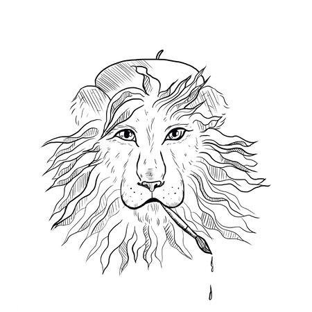 cartoon lion with a brush in his teethの写真素材