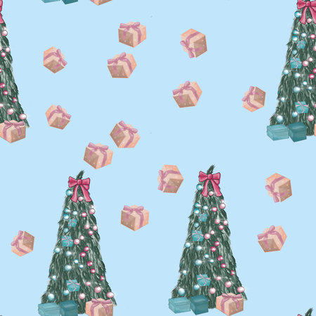 Seamless pattern with decorated trees and gifts