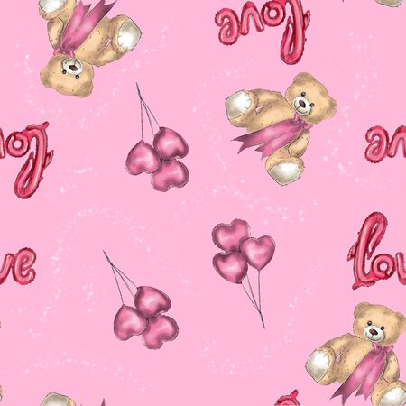 Seamless pattern teddy bear and heart shaped balloons.の写真素材