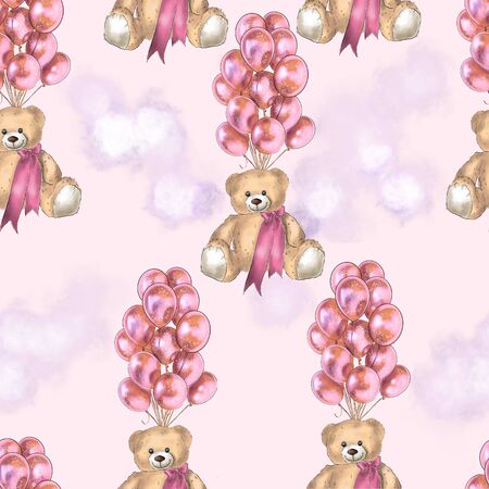 Seamless pattern teddy bear and heart shaped balloons.の写真素材
