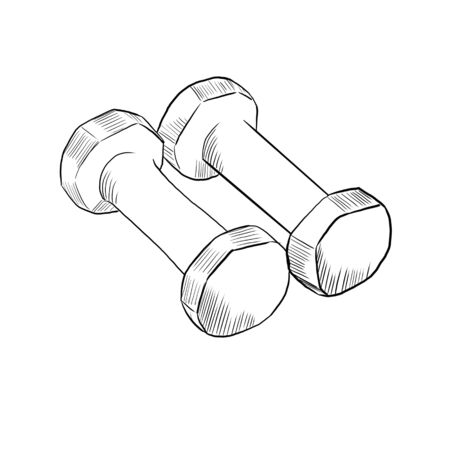 Black and white drawing of a dumbbell for fitness on a white background.の写真素材
