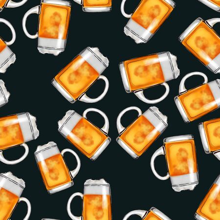 Seamless pattern mugs with beer on a black background.の写真素材