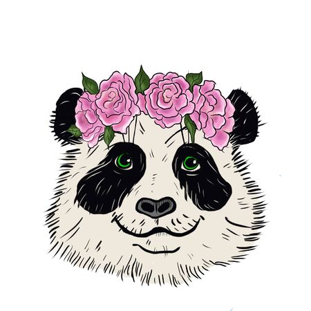 Illustration of a panda bear with a wreath of roses on her head.の写真素材