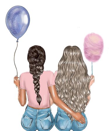 Couple of girls sitting on a bench and hugging. Back view. Cartoon.の写真素材