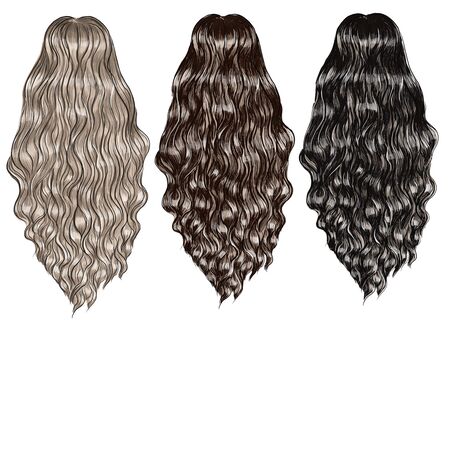 set of hair of different colors long curly hairの写真素材