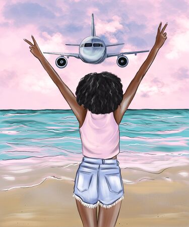 Phuket - Thailand - February 23,2016 - Girl on the beach and airplane landing over the Mai Khao beach in Phuket, Thailandの写真素材