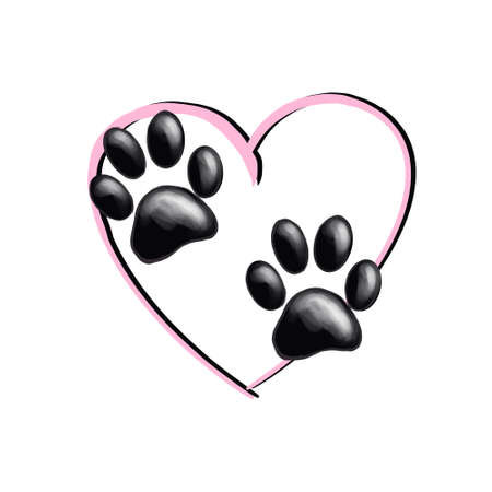 Isolated paws on pink heart background. Good for textile, fabric, zoo shops advertising, wrapping paper. Cute dog and cat paw illustration. Love pet.の写真素材