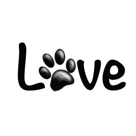 Isolated I love pets blue text with pink dog or cat paw prints. Typography with an animal footprint.の写真素材