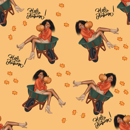 Autumn seamless pattern with girls.の写真素材