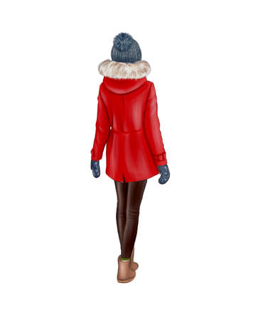 Girl in red winter clothes isolated on white background. Back view.の写真素材