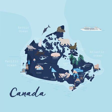 Canada cartoon travel map vector illustration with landmarks, cities, roadmap. Infographic concept shape template design with country navigator. Business journey and tourism web layout, clipart, iconsのイラスト素材