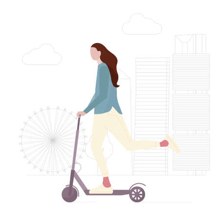 Young girl with long hair is riding electric scooter. Concept of healthy lifestyle, Ecology transport. Woman silhouette is engaged in leisure, entertainment, vehicle. Flat cartoon vector illustrationのイラスト素材