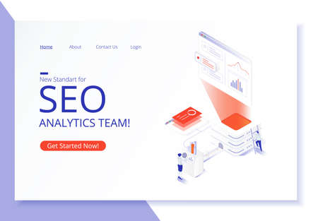 Creative website template design. SEO analytics team landing page. Vector isometric illustration concept of search engine optimization, analysis, chart, people. Modern 3d graphic design in flat styleのイラスト素材