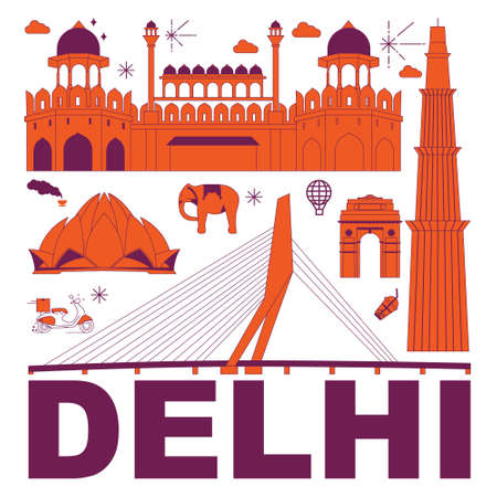 Delhi culture travel set, famous architectures and specialties in flat design. Business travel and tourism concept clipart. Image for presentation, banner, website, advert, flyer, roadmap, iconsのイラスト素材