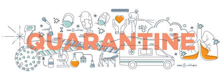 Hand drawn doodle quarantine concept, virus disease infection vector medical illustration. Design of dangerous Europe pathogen respiratory influenza virus cells of China pandemic risk of epidemiology.のイラスト素材