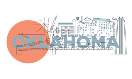 Typography word Oklahoma branding technology concept. Collection of flat vector web icons. American culture travel set, architectures, specialties detailed silhouette. Doodle famous landmarks.のイラスト素材