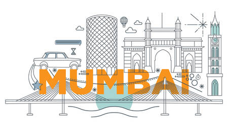 Typography word Mumbai branding technology concept. Collection of flat vector web icons. Indian culture travel set, architectures, specialties detailed silhouette. Doodle famous landmarks.のイラスト素材