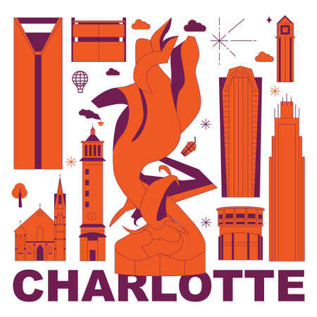 Charlotte culture travel set, famous architectures and specialties in flat design. Business travel and tourism concept clipart. Image for presentation, banner, website, advert, flyer, roadmap, iconsのイラスト素材