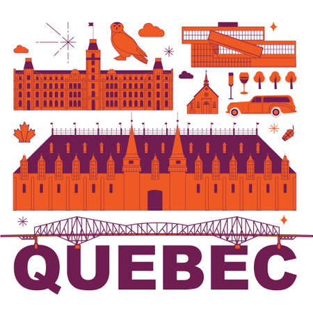 Quebec culture travel set, famous architectures and specialties in flat design. Business travel and tourism concept clipart. Image for presentation, banner, website, advert, flyer, roadmap, iconsのイラスト素材