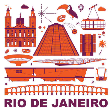 Rio De Janeiro culture travel set, famous architectures and specialties in flat design. Business travel, tourism concept clipart. Image for presentation, banner, website, advert, flyer, roadmap, iconsのイラスト素材