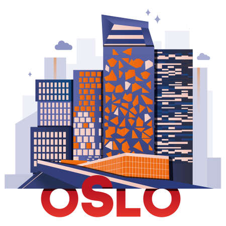 Oslo culture travel set, famous architectures and specialties in flat design. Business travel and tourism concept clipart. Image for presentation, banner, website, advert, flyer, roadmap, icons.のイラスト素材