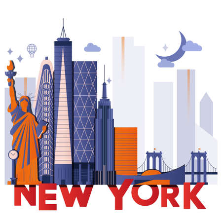 New York culture travel night set, famous architectures and specialties in flat design. Business travel and tourism concept clipart. Image for presentation, banner, website, flyer, roadmap, iconsのイラスト素材