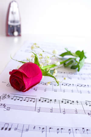 Beautiful red roses on the paper with notes and metronome in the backgroundの写真素材