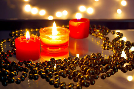 Beautiful ornaments and candles as a New Year decoration, photographyの写真素材